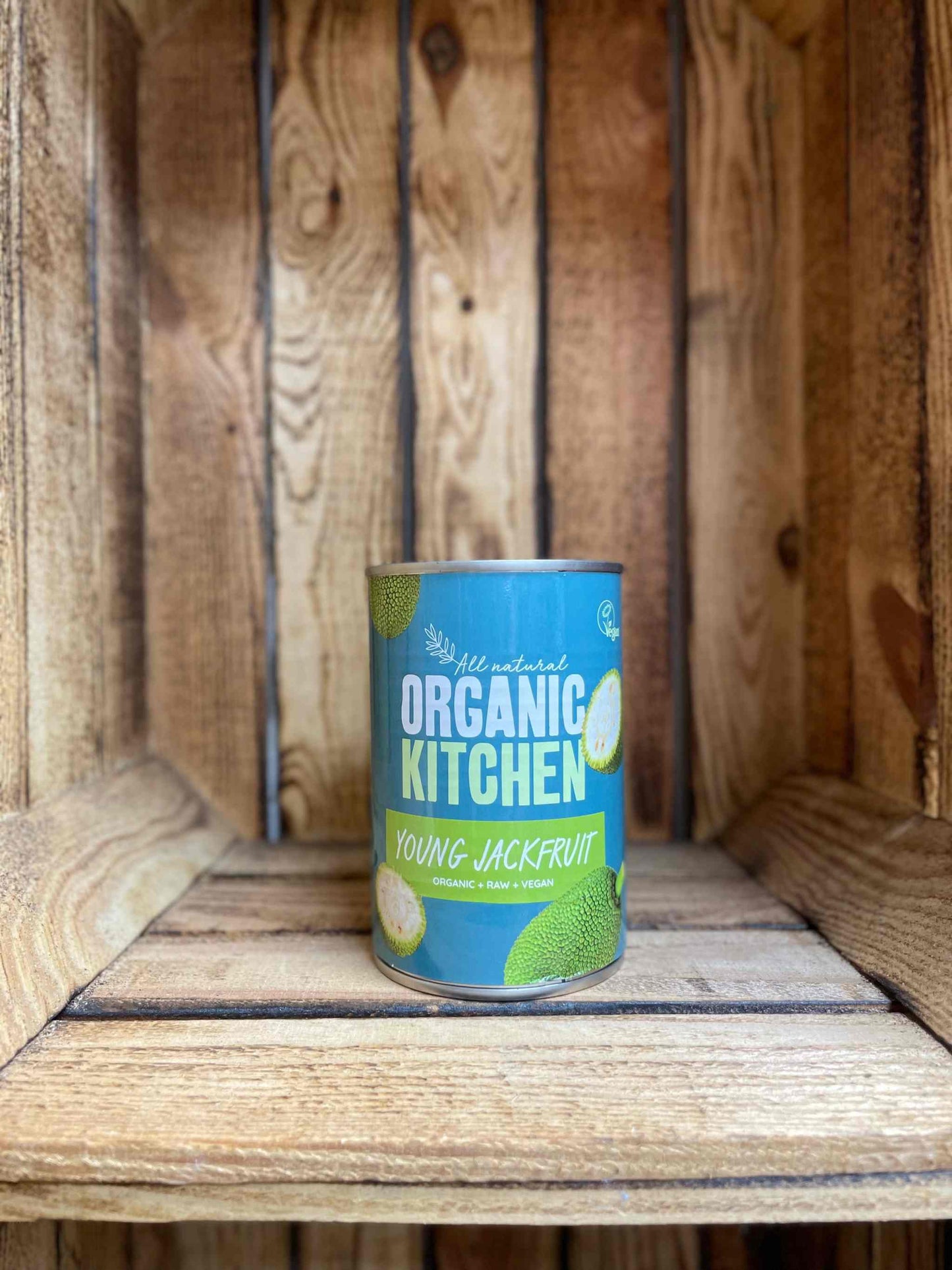 Organic Kitchen Young Jackfruit can on rustic wooden shelf