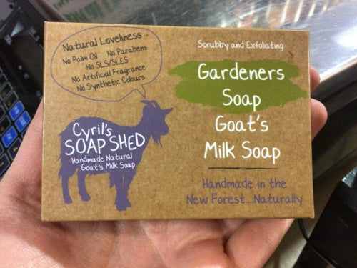 Cyril’s Goats milk soap packaging for gardeners, featuring natural ingredients and eco-friendly design.
