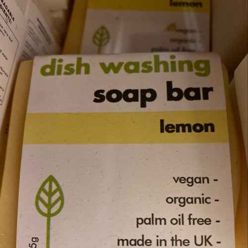 Eco-friendly 155g lemon dishwashing soap bar, vegan and organic.