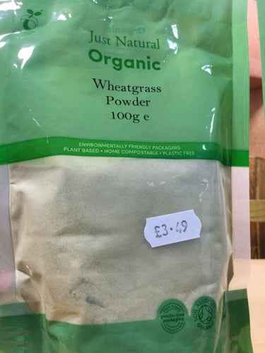 Organic wheatgrass powder 100g package with price tag.
