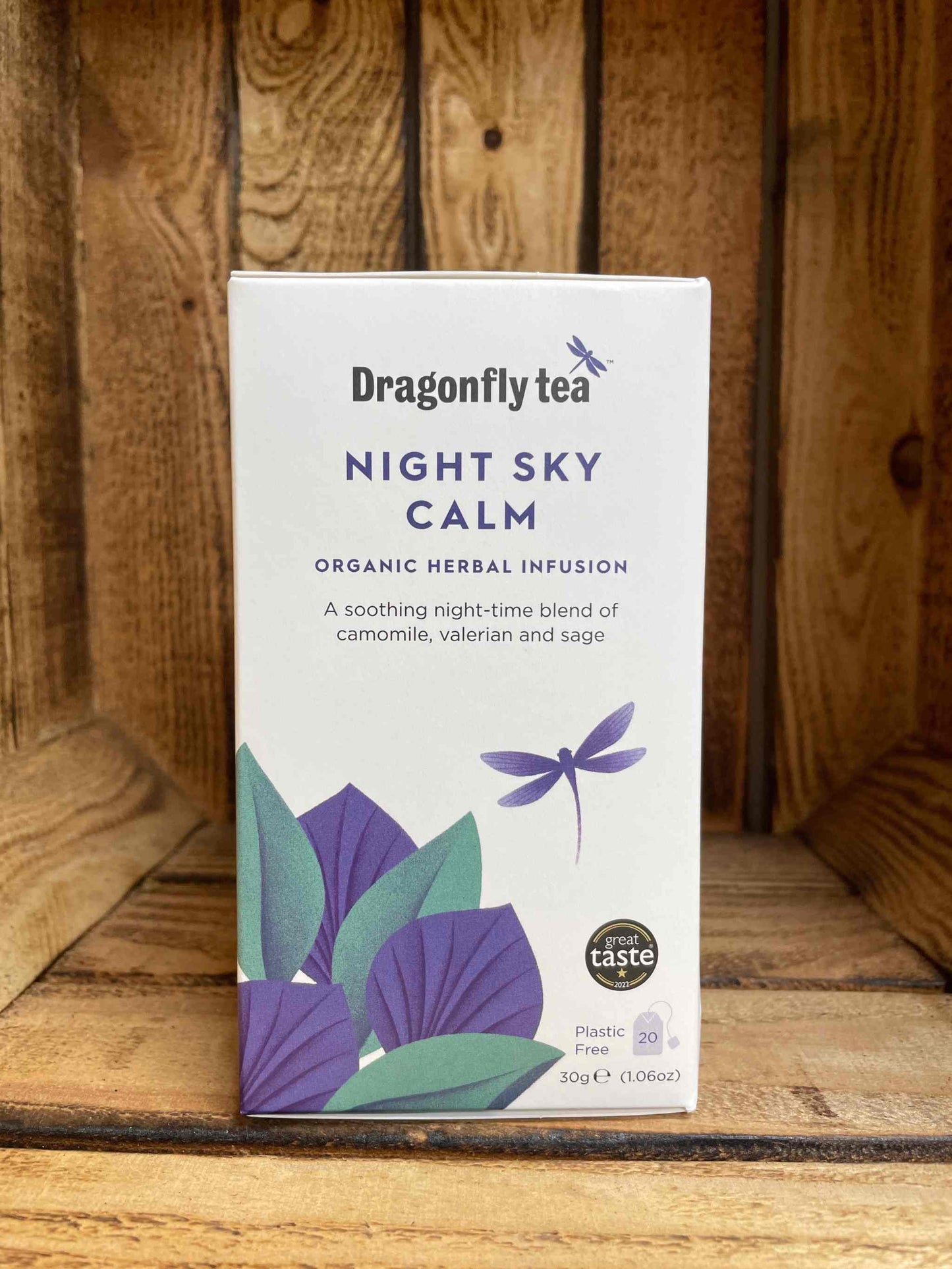 Night Sky Calm Organic Tea box with chamomile, valerian, and sage blend for relaxation.