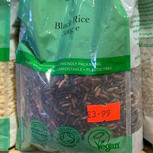 Organic Black Rice 500g in eco-friendly packaging, priced at £3.99. Vegan and plastic-free.