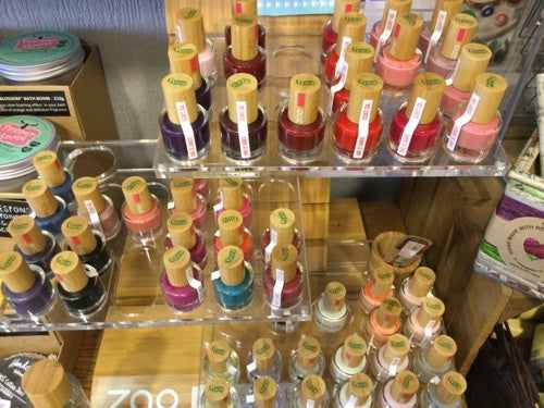 Zao Nail Polish collection display with eco-friendly, natural ingredients and vibrant colors.