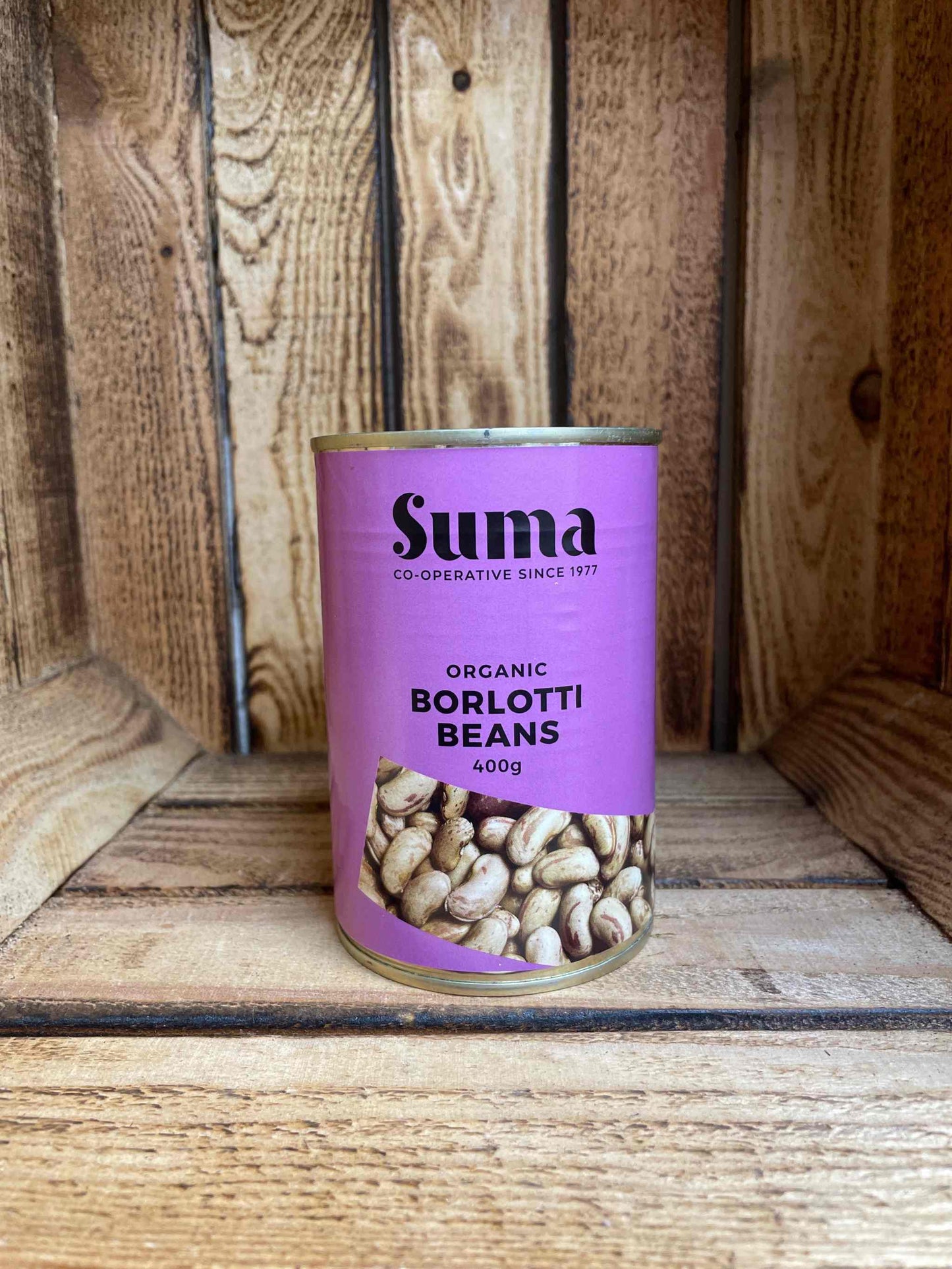 Organic Borlotti Beans can on wooden background.
