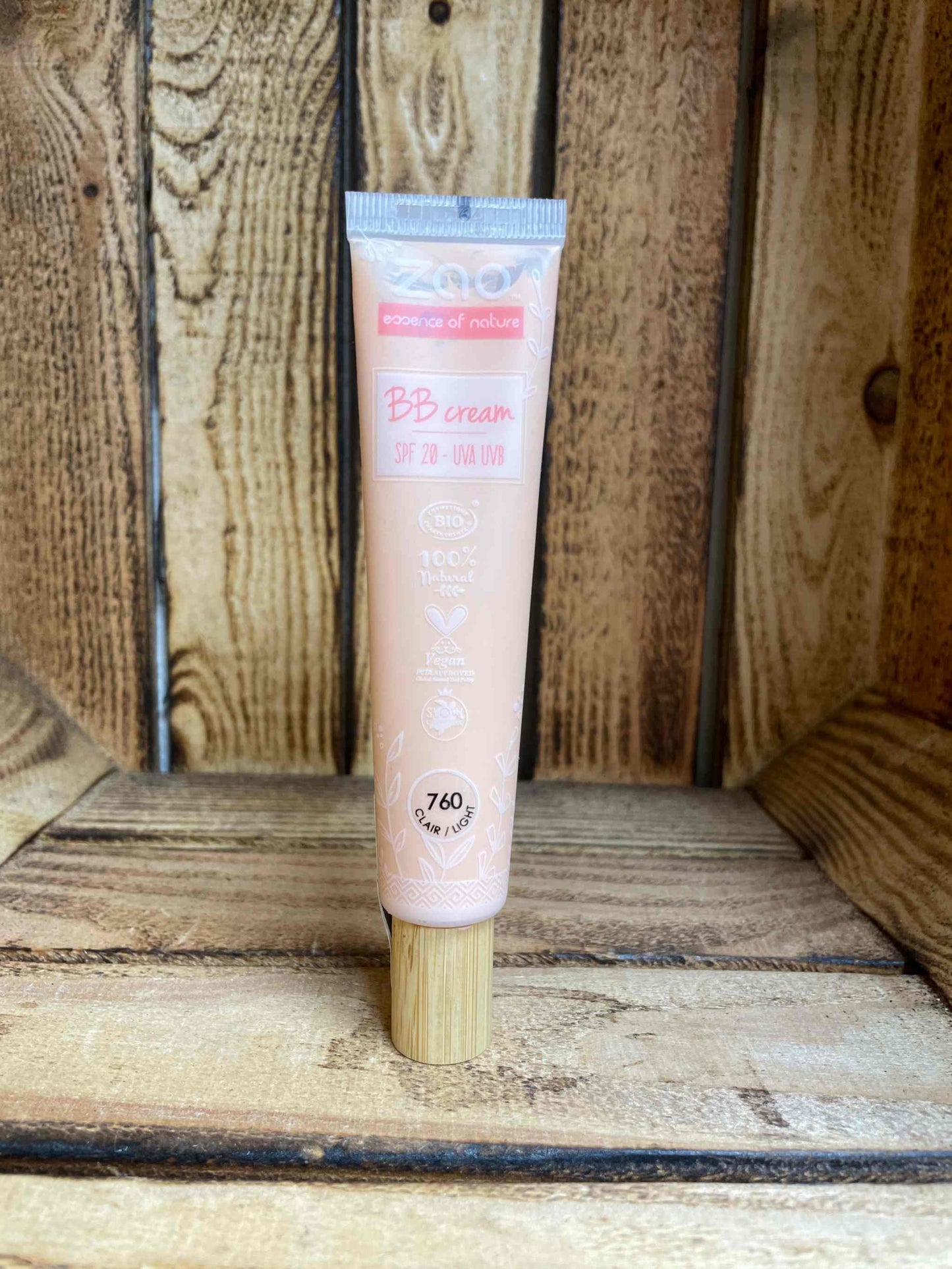 ZAO BB Cream 760 Light with SPF in a wooden backdrop.
