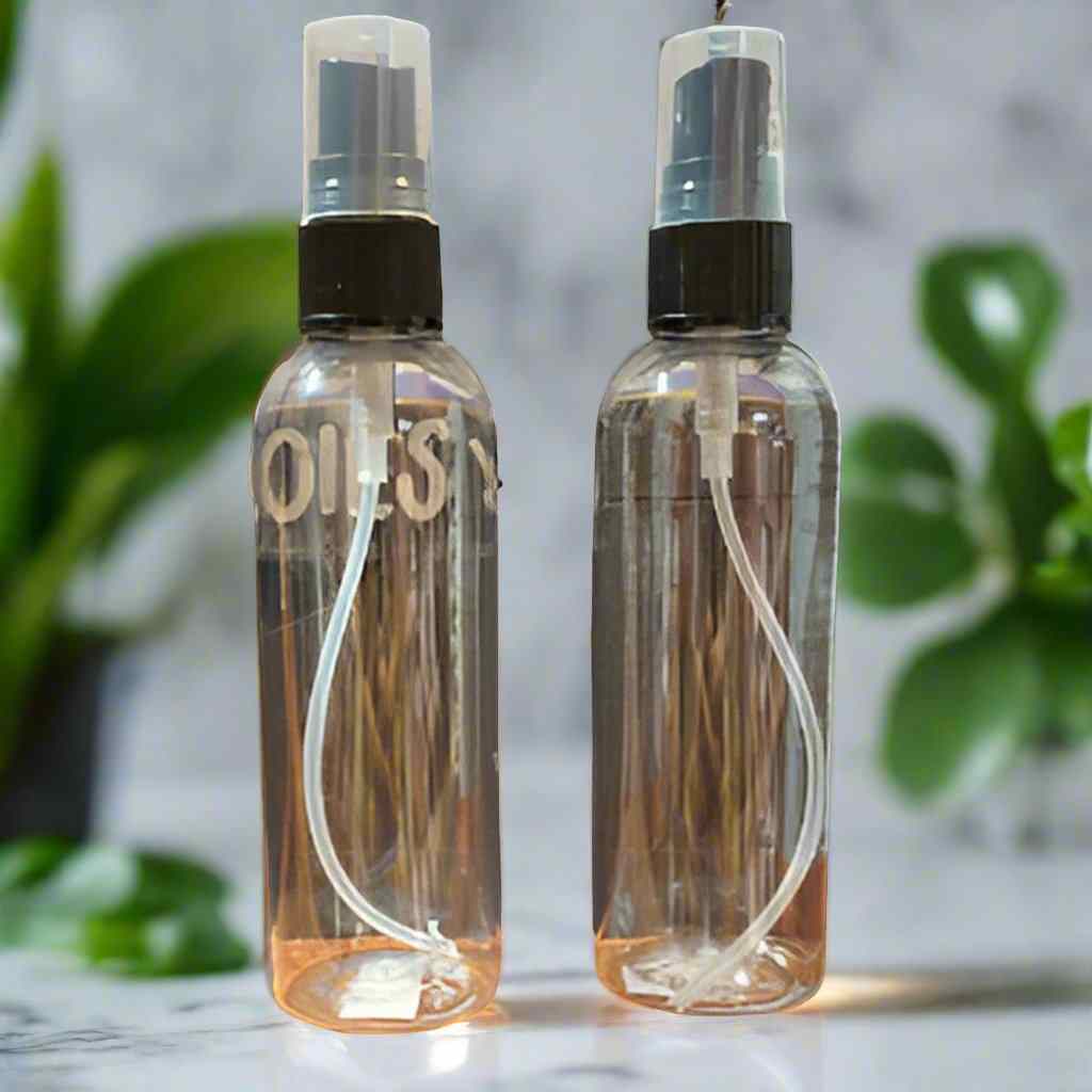 100ml atomiser bottle with black spray tops, sleek design, eco-friendly, for travel and daily use.