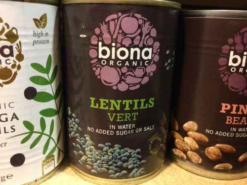 Biona Organic Lentils Vert in can, nutritious green lentils, no added sugar or salt.