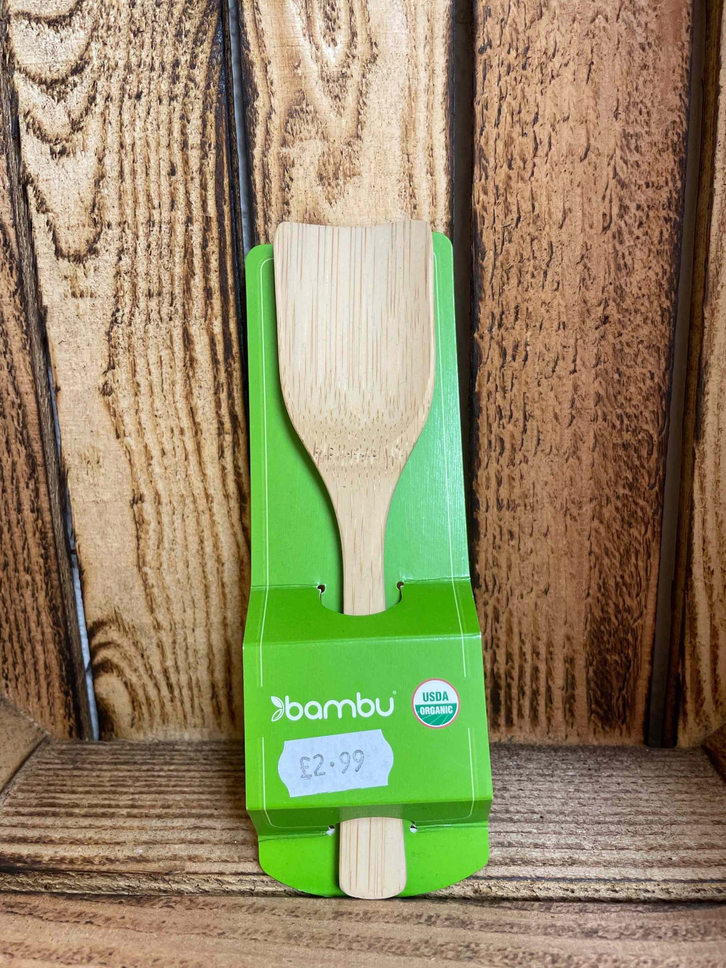 Large wooden scoop, eco-friendly, FSC certified, sustainable kitchen tool.