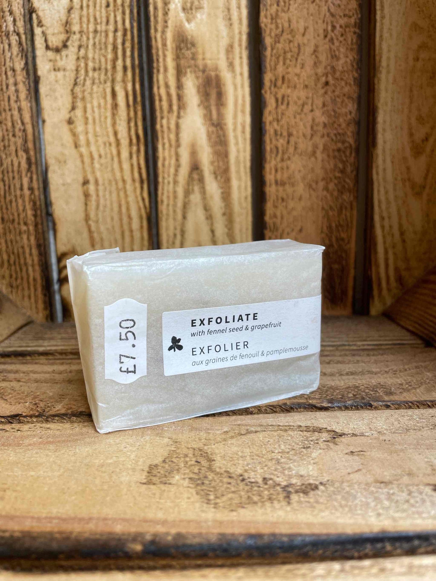 Exfoliate Soap Bar with Grapefruit & Fennel on wooden background, priced at £7.50.