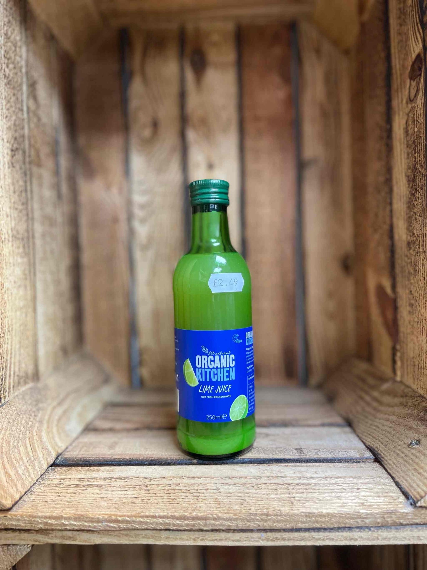 Organic Kitchen Lime Juice Bottle in Wooden Crate