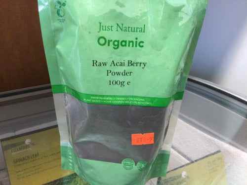 Organic Acai Berry Powder 100g package on display.
