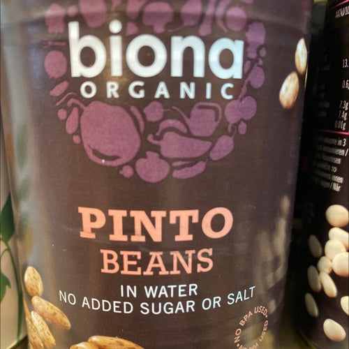 Organic pinto beans in can, biona brand, no added sugar or salt.