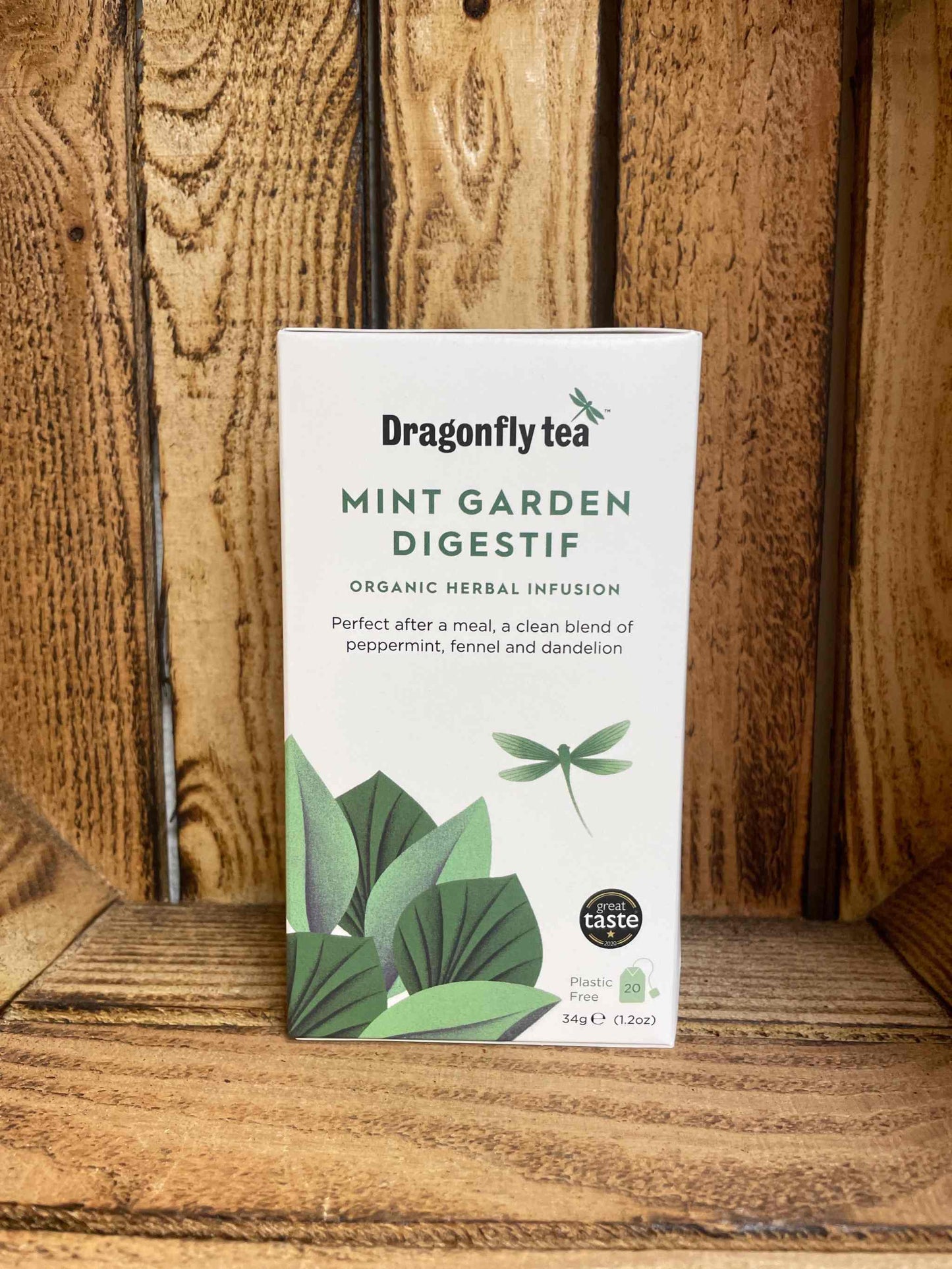 Mint Garden Digestive Organic Tea box with fresh mint leaf design and organic herbal infusion details.