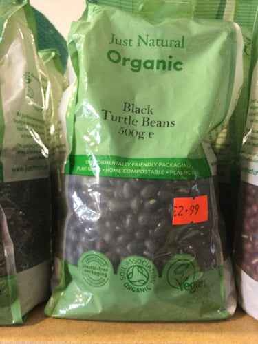 Organic Black Turtle Beans 500g packaged in eco-friendly, compostable material.
