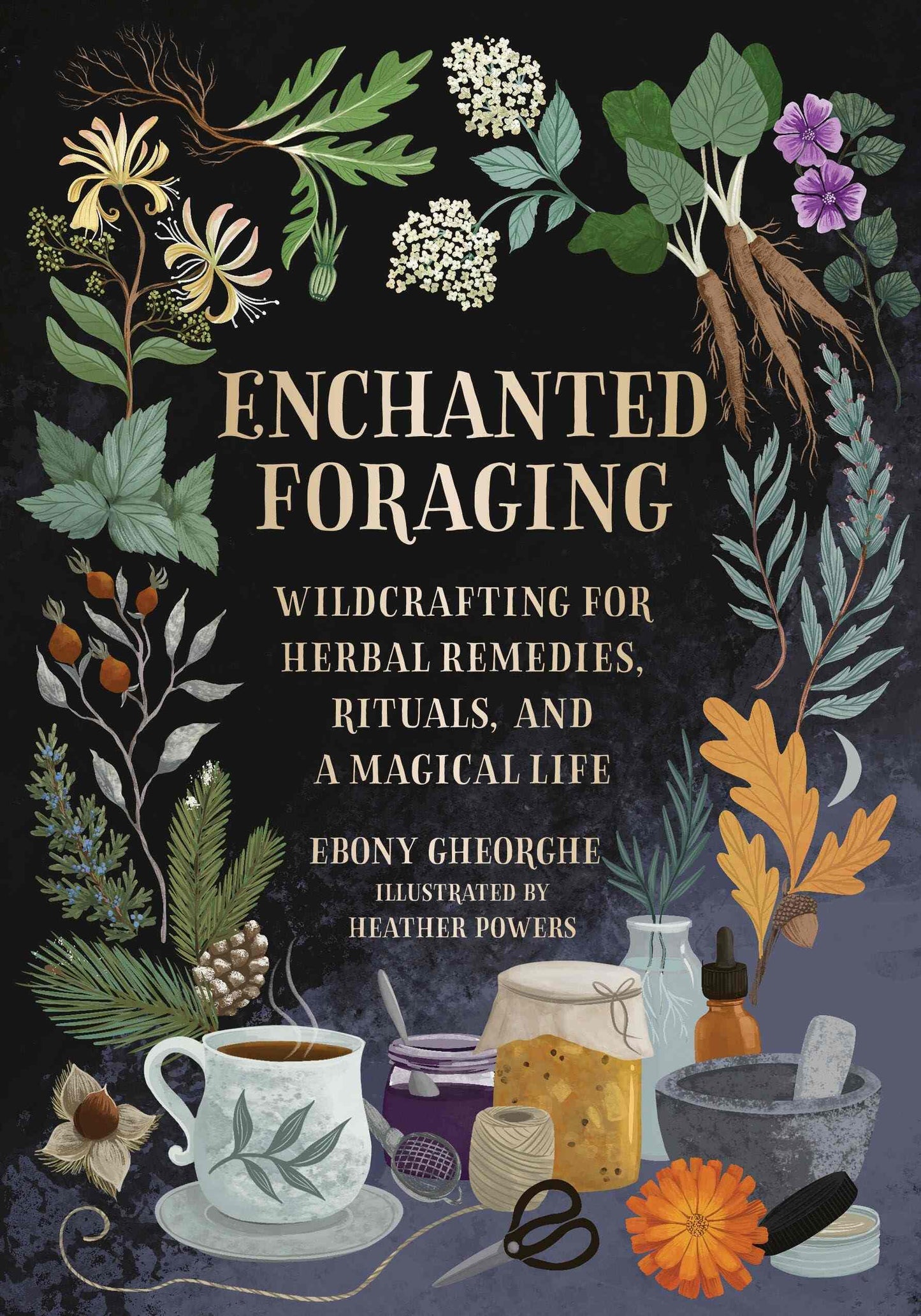 Cover of "Enchanted Foraging: Wildcrafting for Herbal Remedies, Rituals, and a Magical Life" illustrated with herbs and potions.