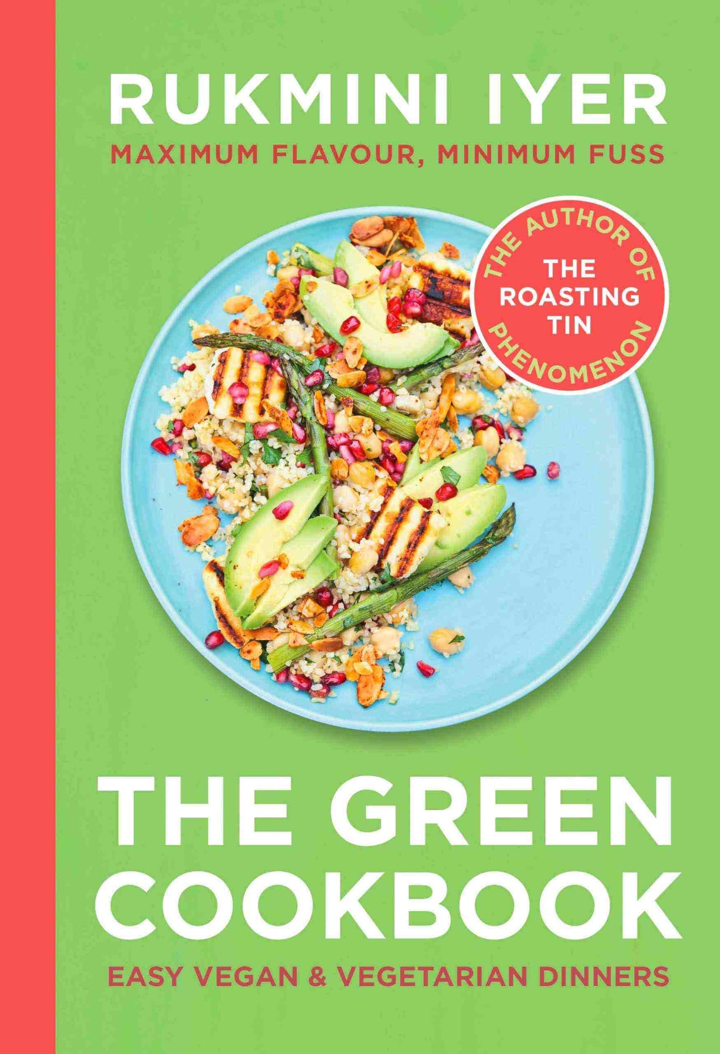 The Green Cookbook cover featuring a vibrant avocado and grain salad on a blue plate.