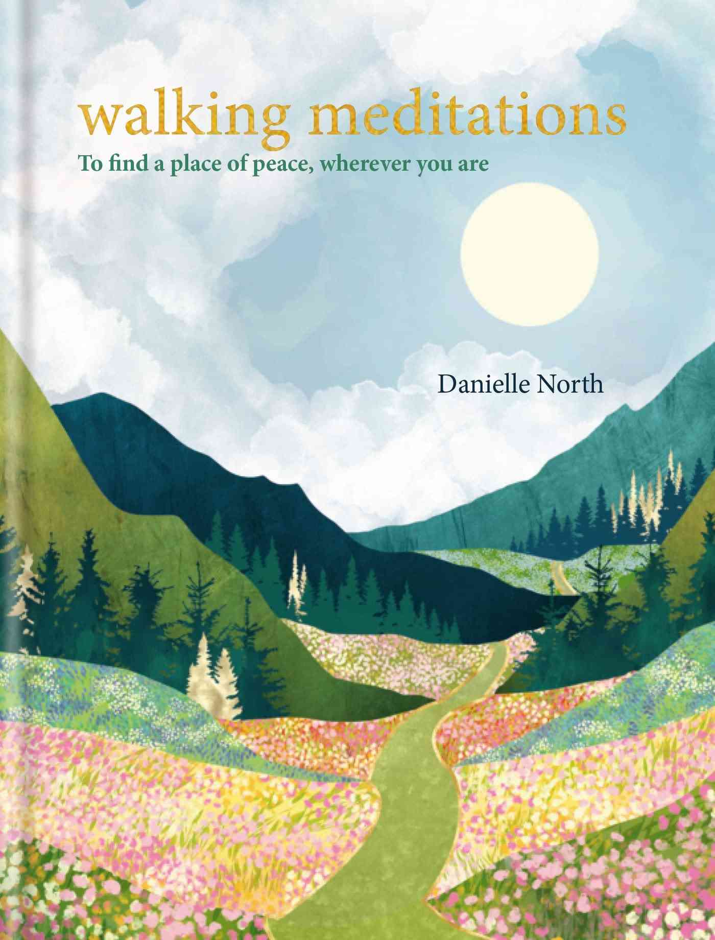 Walking Meditations book cover featuring a serene landscape illustration.