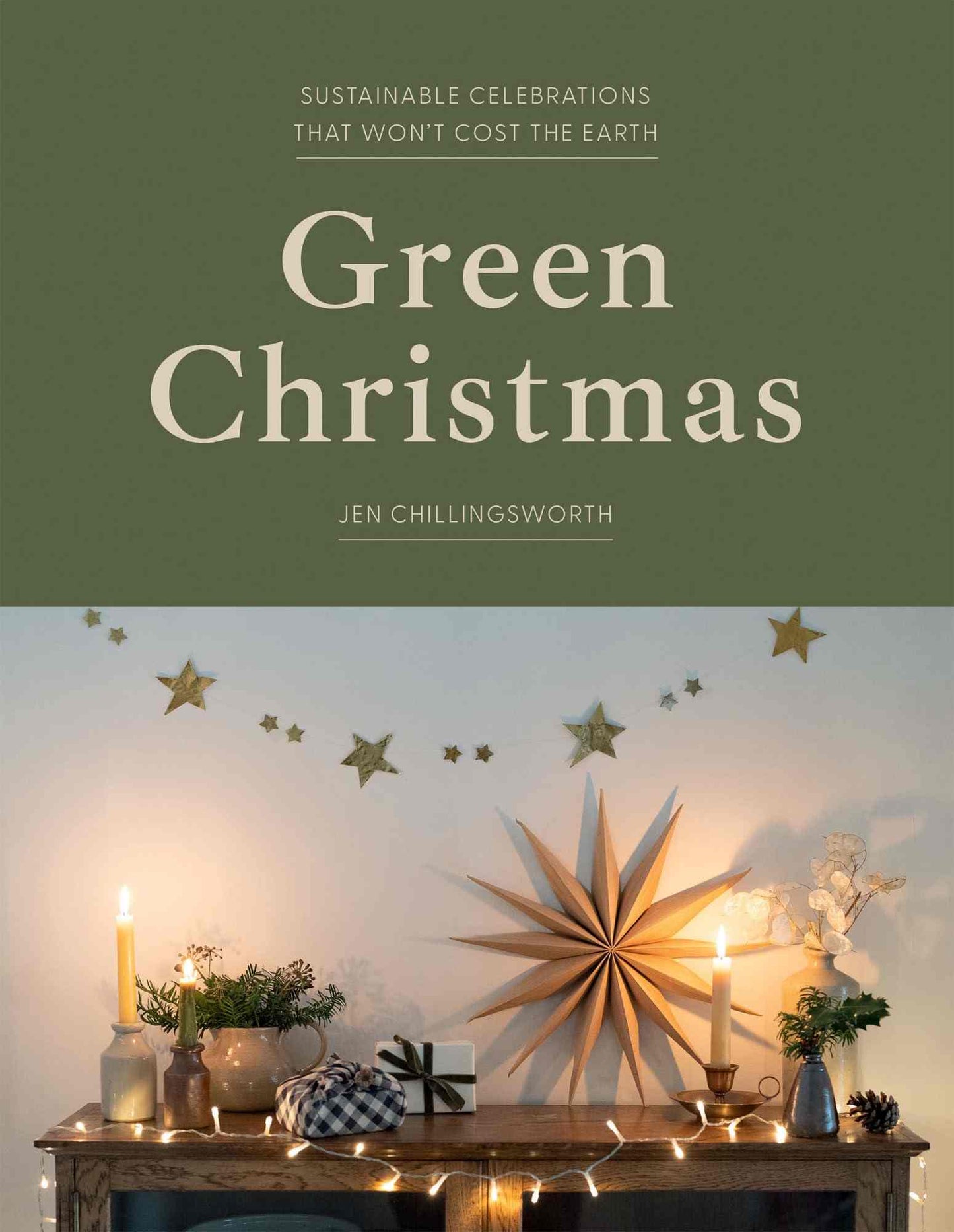 Green Christmas book cover: Sustainable celebrations guide.