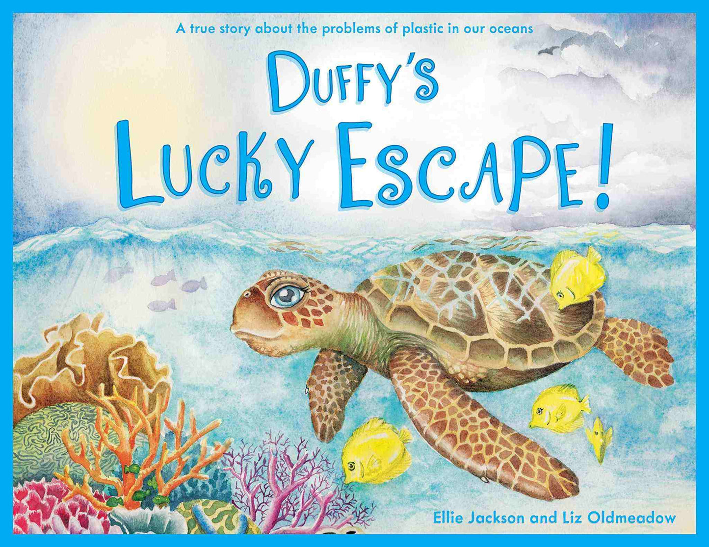 Children's book "Duffy's Lucky Escape" cover featuring Duffy the sea turtle swimming with fish in ocean.