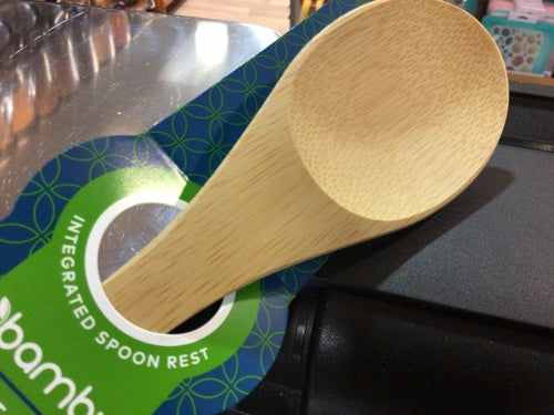 Eco-friendly Bambu 'Give It a Rest' Spoon with integrated rest, crafted from organic bamboo for sustainable kitchen use.