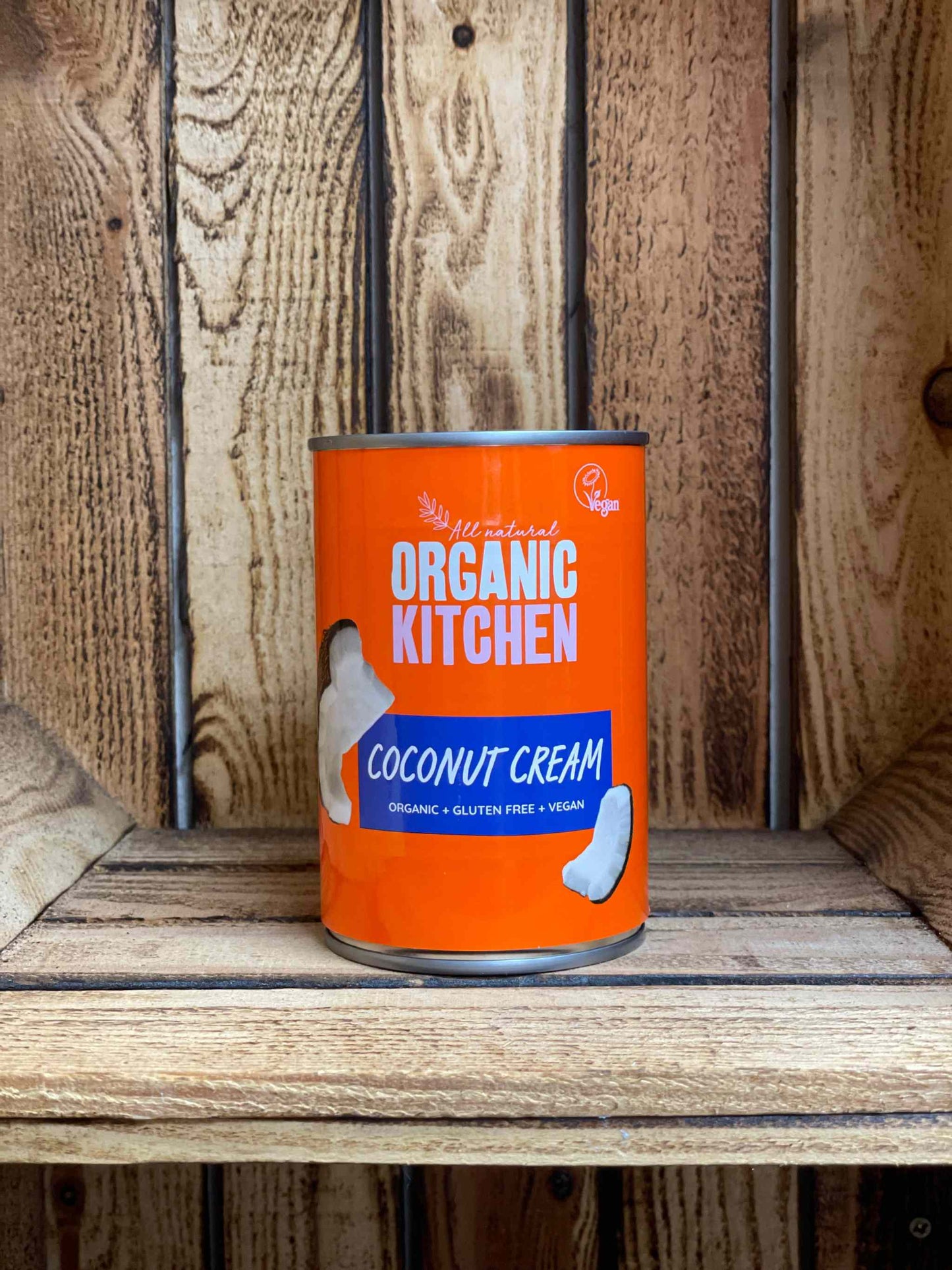Organic Kitchen coconut cream can on wooden shelf, organic product.