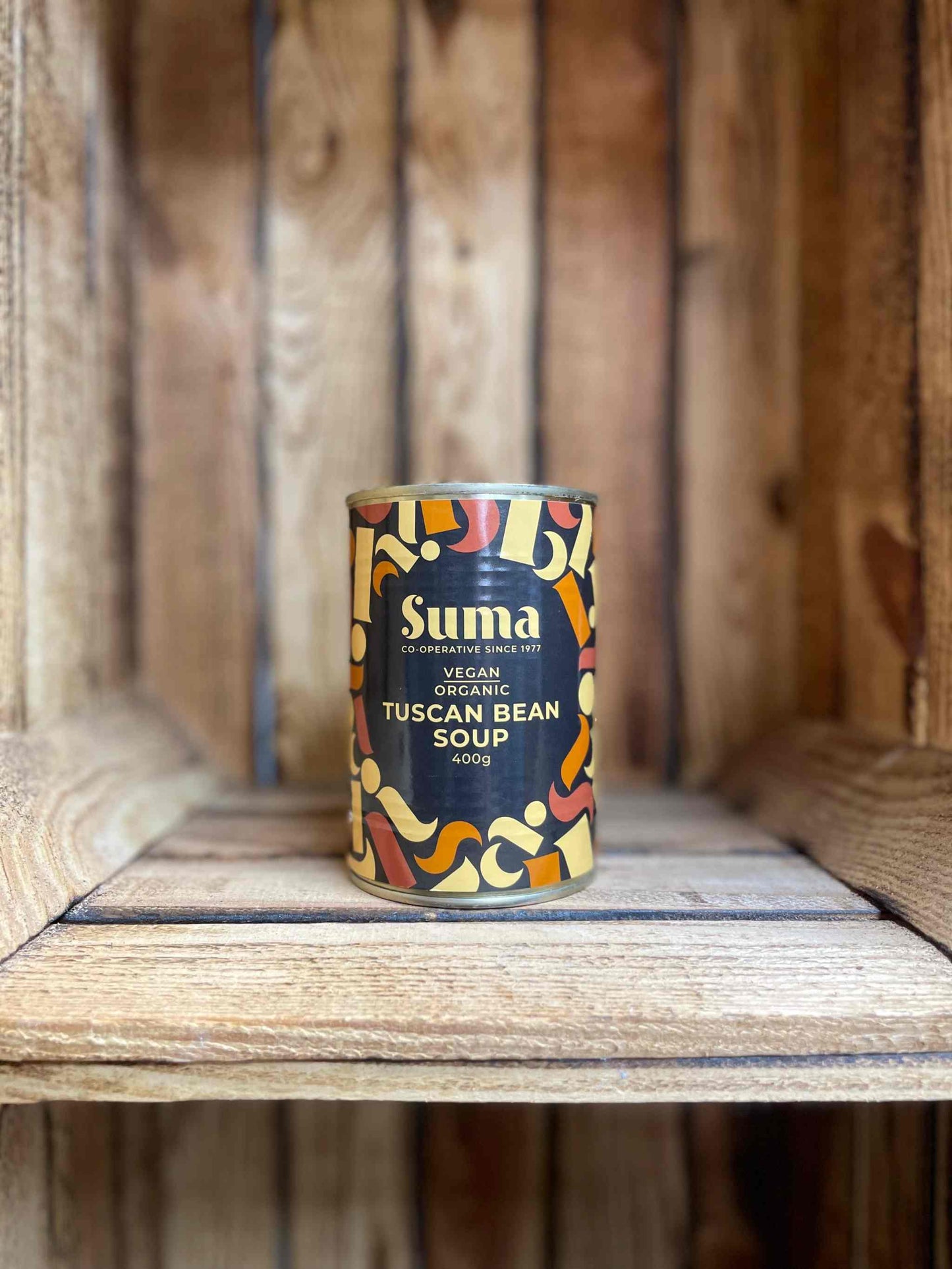 SUMA Tins & Jars Tuscan Bean Soup displayed on wooden shelf