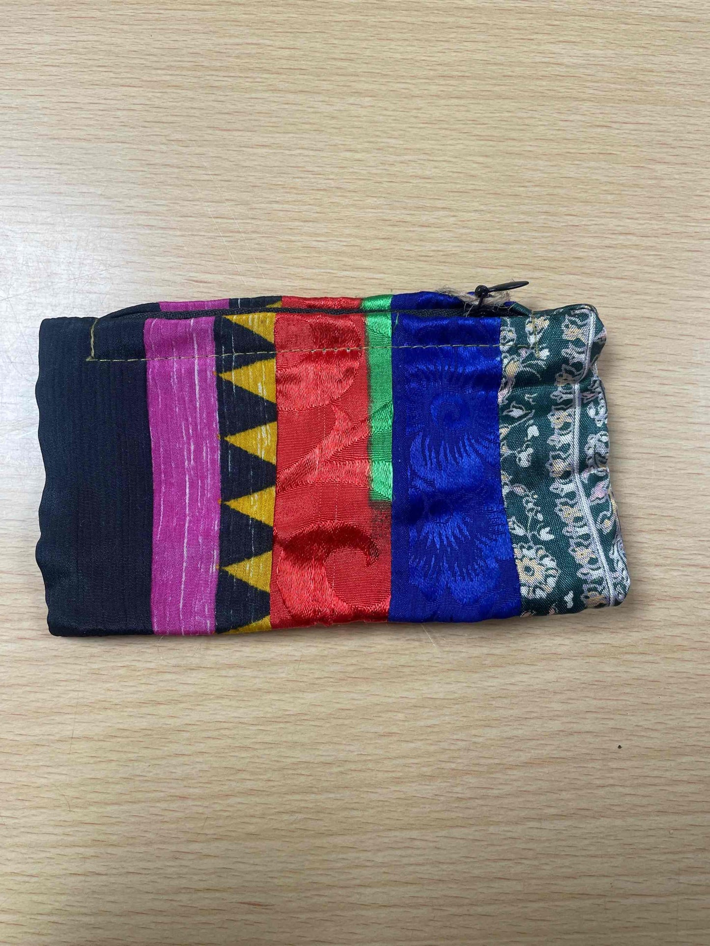 Recycled Sari Zip Purse, Fair Trade, colorful patchwork design, eco-friendly accessory.