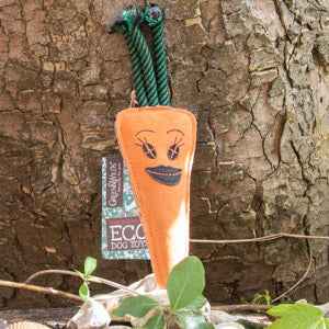 Eco-friendly G&W dog toy, Candice the Carrot, made from sustainable materials.