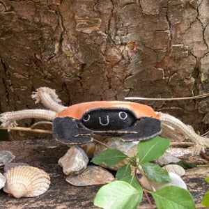 Eco-friendly dog toy Carlos the Crab on a tree stump with seashells.