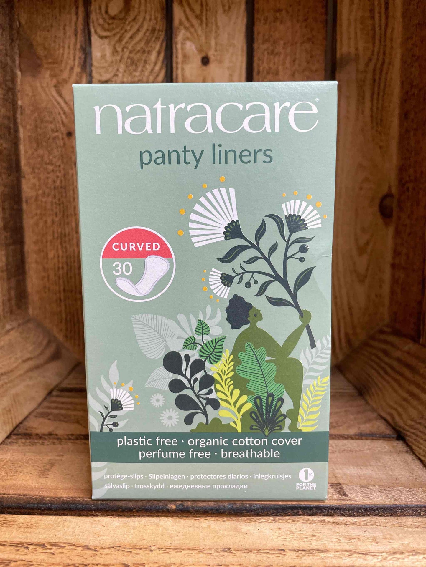 Natracare Pantyliners box with organic cotton cover, plastic and perfume-free, eco-friendly packaging.