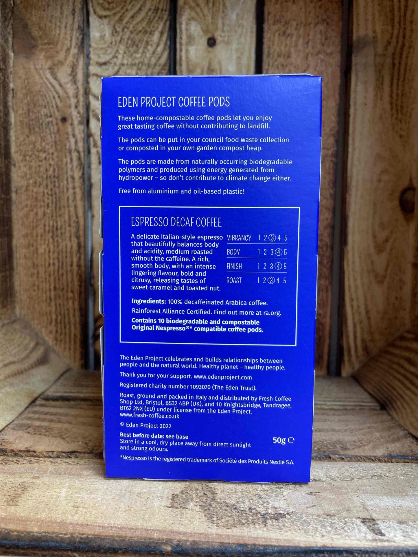Eden Project Decaf Espresso Coffee Pods box with eco-friendly and biodegradable packaging.