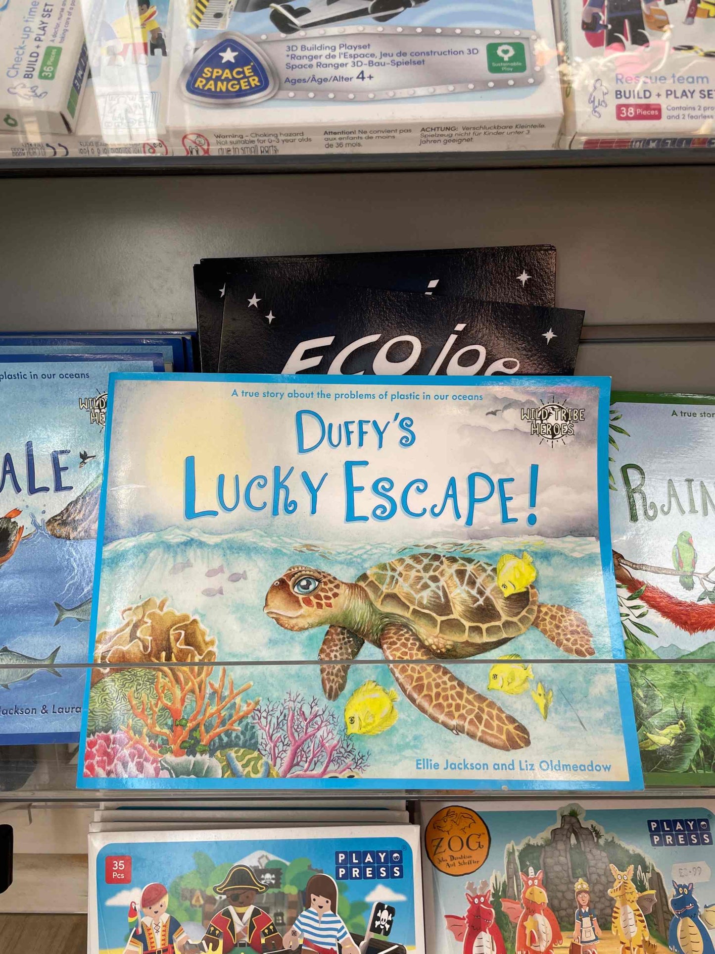 Children’s books display featuring ocean-themed titles, including "Duffy's Lucky Escape!"