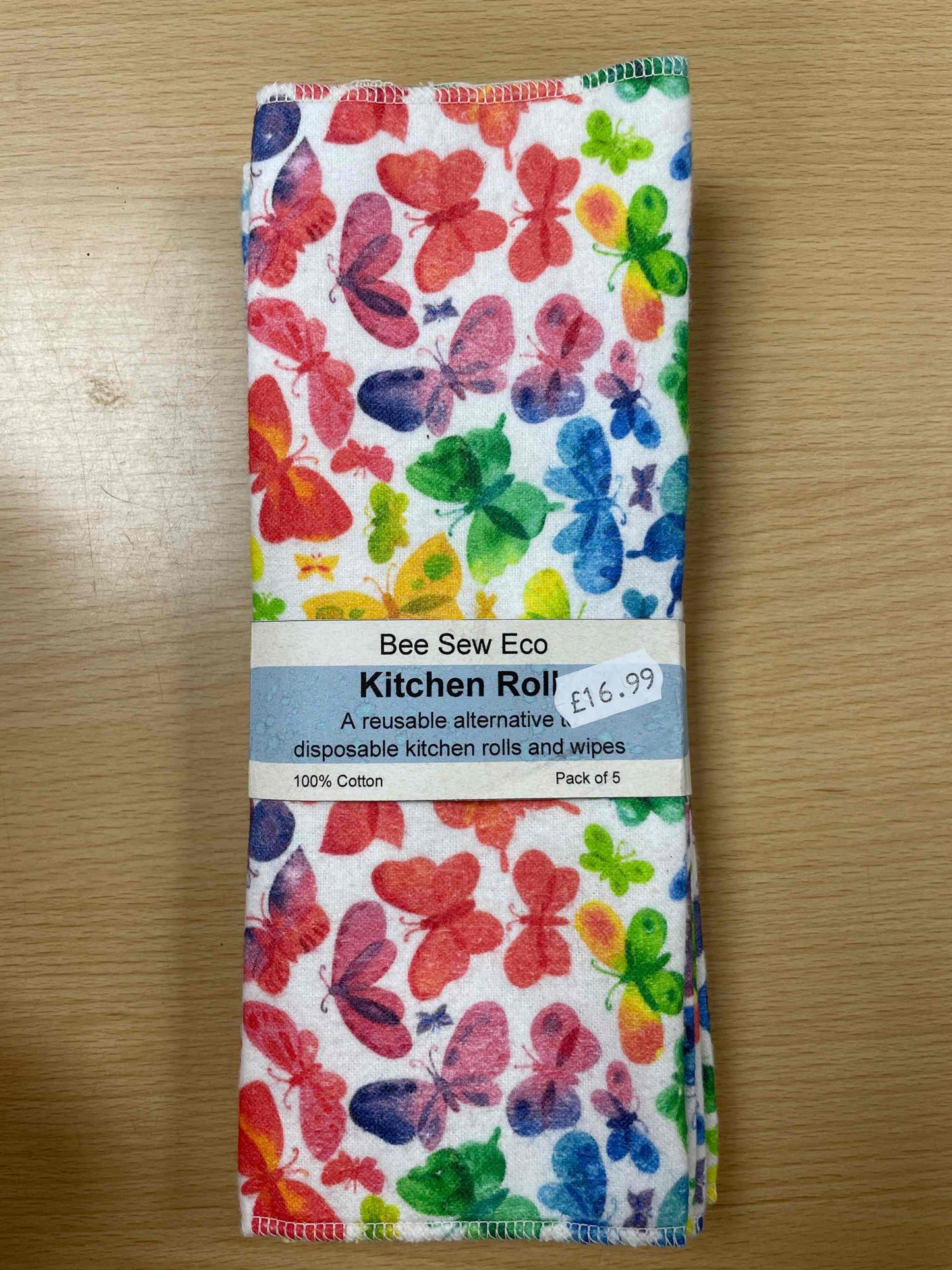 Eco Coach House handmade cotton kitchen roll with colorful butterfly design, eco-friendly and reusable.