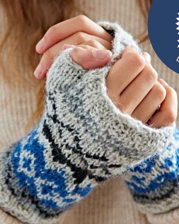 Fair Trade hand made hand warmer gloves in blue tones, cozy and stylish.