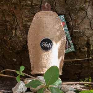 Eco dog toy - Small Crinkler with G&W logo, sustainable fabric, outdoor setting.