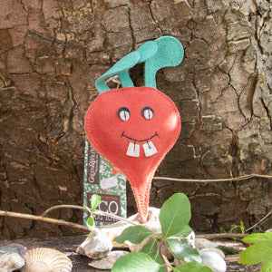 Eco-friendly dog toy Terry the Turnip in nature setting.