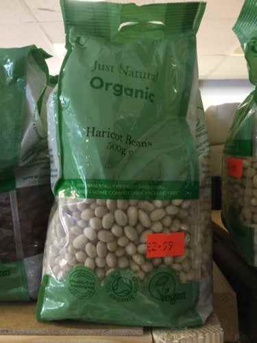Organic Haricot Beans 500g package, nutrient-rich, eco-friendly choice.