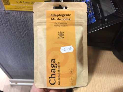 Chaga Extract, adaptogenic mushroom supplement packaging.