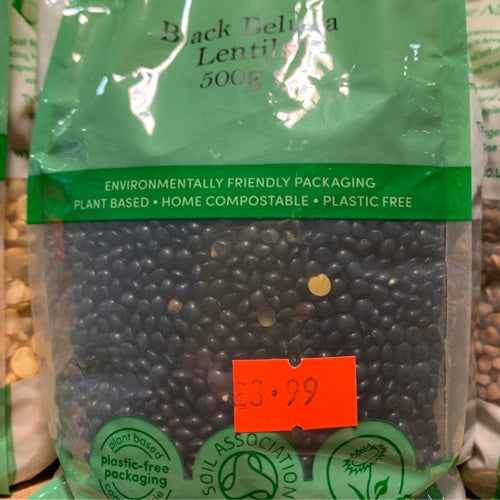 Organic Black Beluga Lentils 500g in eco-friendly packaging.
