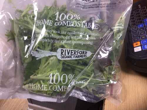 Bagged Baby Salad Mix Organic in compostable packaging, fresh and eco-friendly.