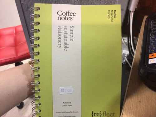 Medio notebook Dotted with spiral binding, eco-friendly design, and sustainable stationery label.