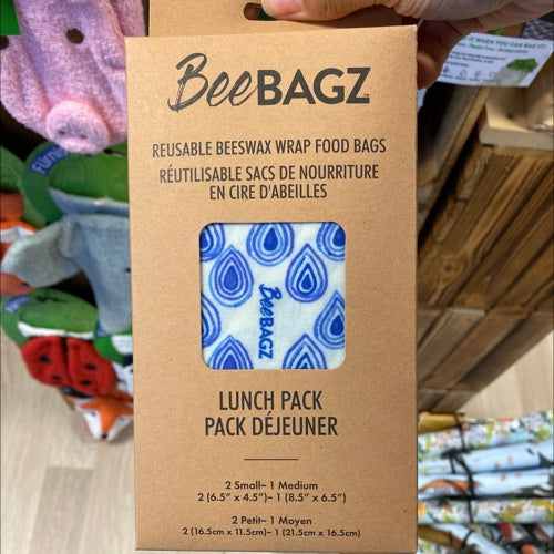Bee Bagz lunch pack eco-friendly reusable beeswax wrap packaging in various sizes and patterns.