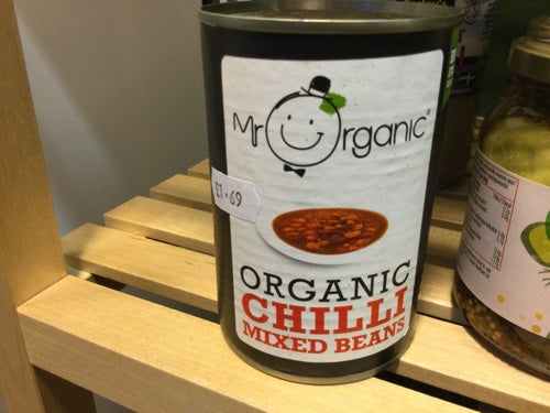 Mr Organic Chilli Beans can on a store shelf