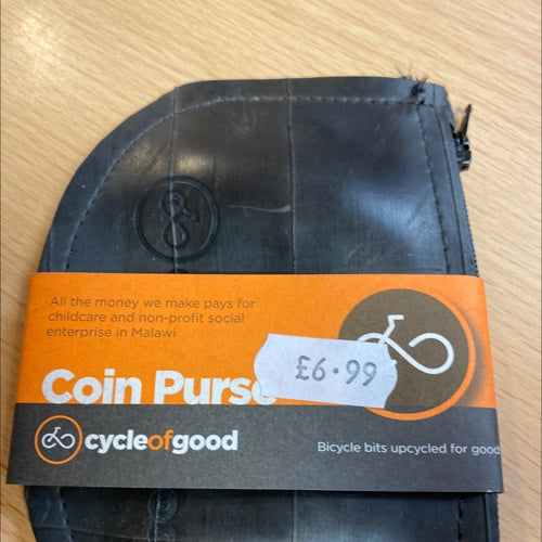 Chic and compact coin purse made from upcycled bicycle bits, priced at £6.99.