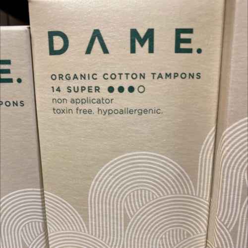 Boxed tampons by Dame, organic cotton, eco-friendly packaging.