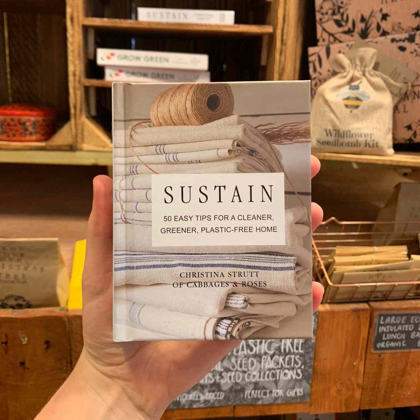 Book titled "Sustain" by Christina Strutt, Cabbages & Roses, held in hand, promoting eco-friendly home decor.
