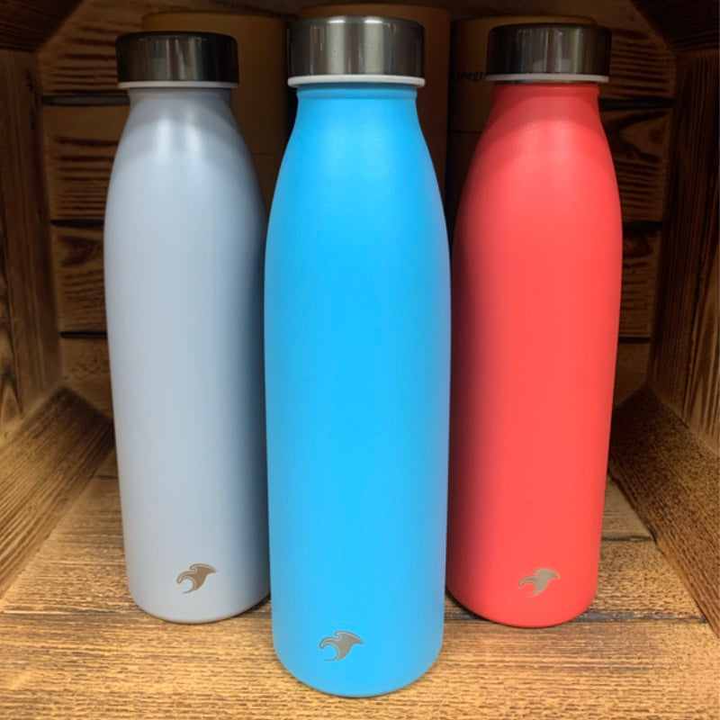 Eco-friendly stainless steel water bottles in vibrant colors, Stellar Blue by One Green Bottle, 500ml size.