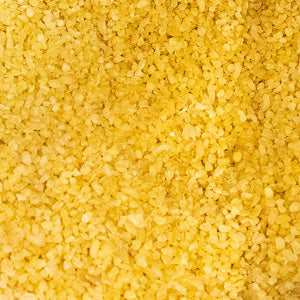 Bulgar grain close-up, rich Mediterranean flavors, 100g package.