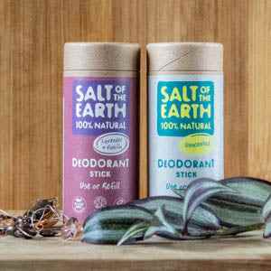 Salt of the Earth refill stick deodorant in eco-friendly packaging, melon cucumber scent.