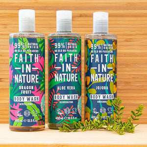 Faith in Nature refillable body wash bottles in dragon fruit, aloe vera, and jojoba varieties.